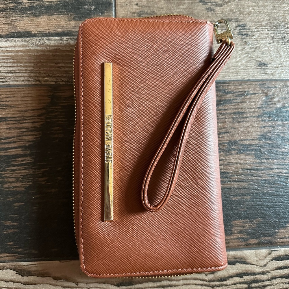 Steve Madden Tan Leather Zip Wristlet with Gold Accent